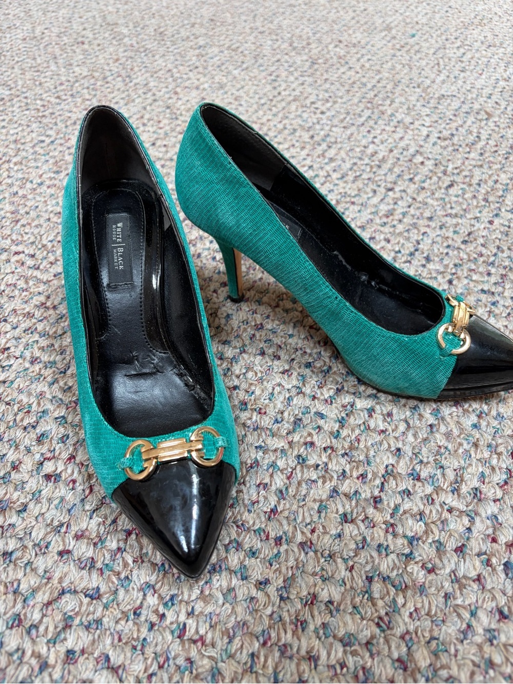 Turquoise and Black Pointed Toe Pumps with Gold Accent Buckle